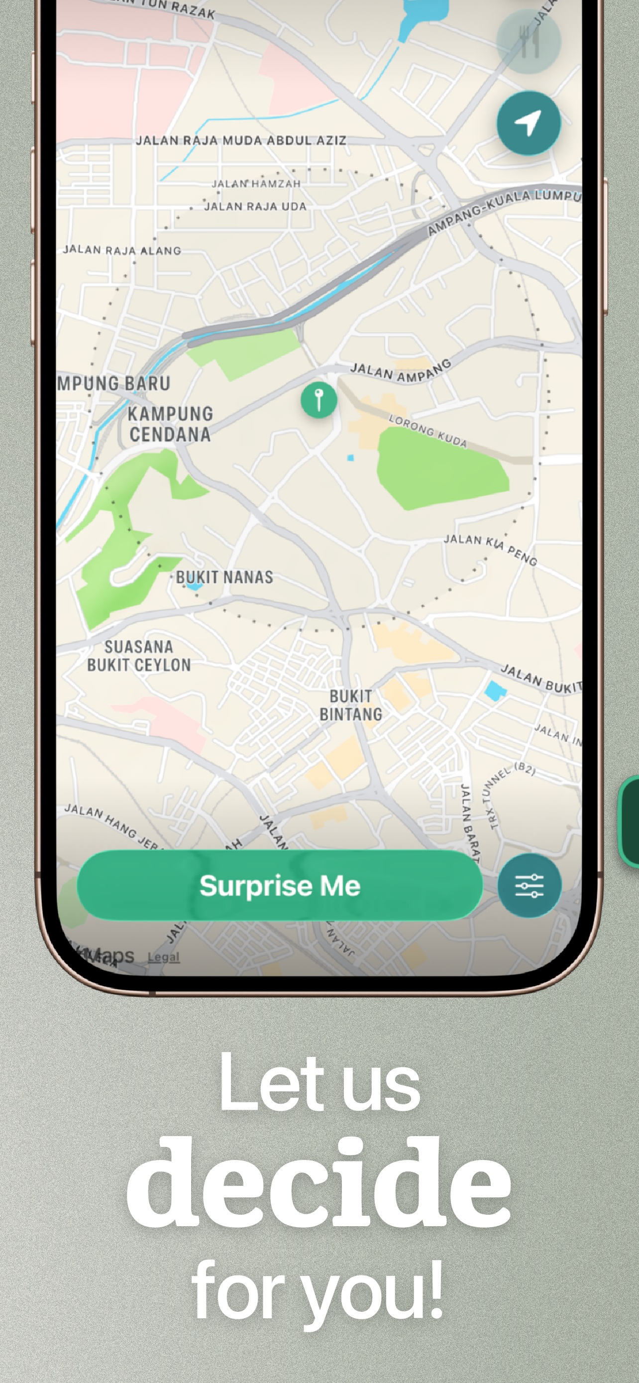 Santai map of Kuala Lumpur with the Surprise Me button — headline: Let us decide for you