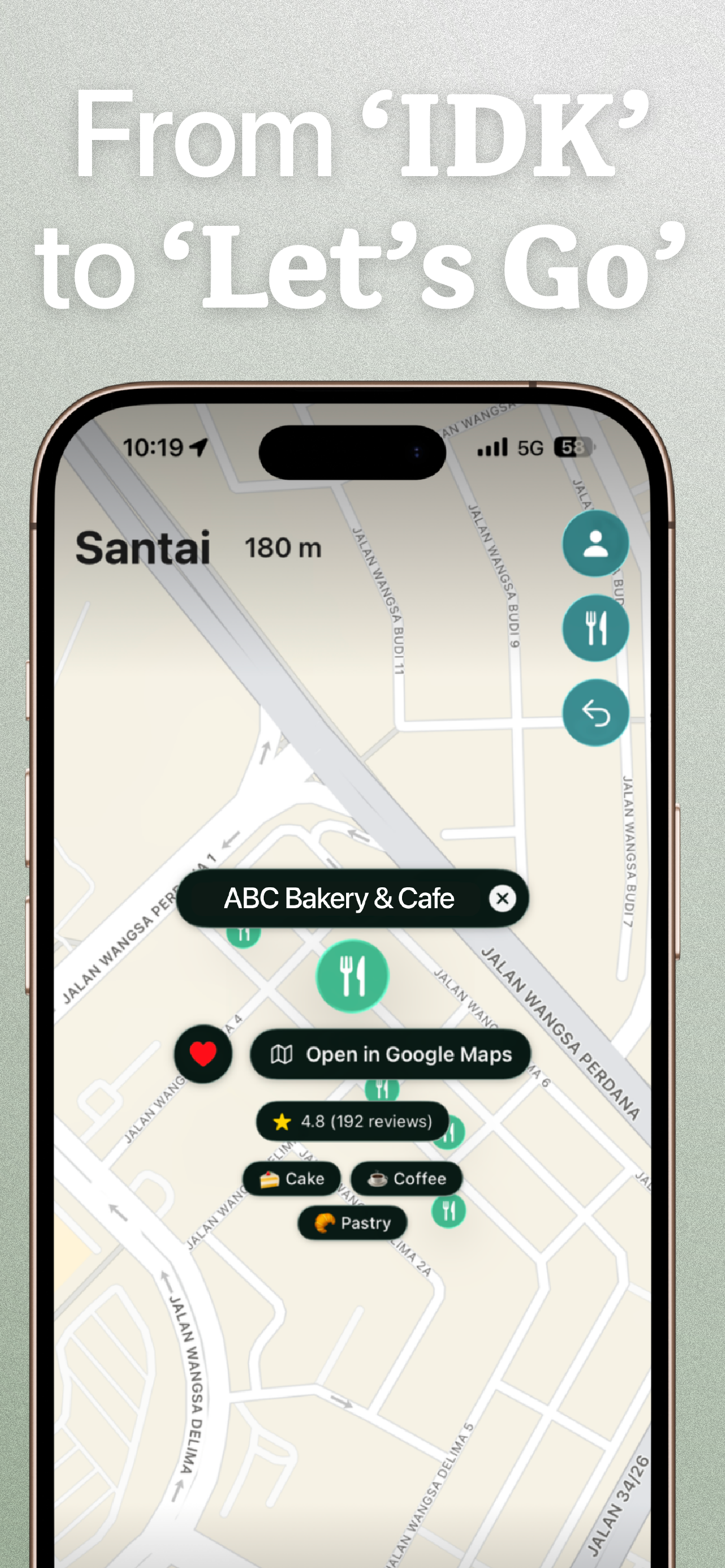 A picked restaurant with rating, menu tags and Open in Google Maps — headline: From ‘IDK’ to ‘Let’s go’